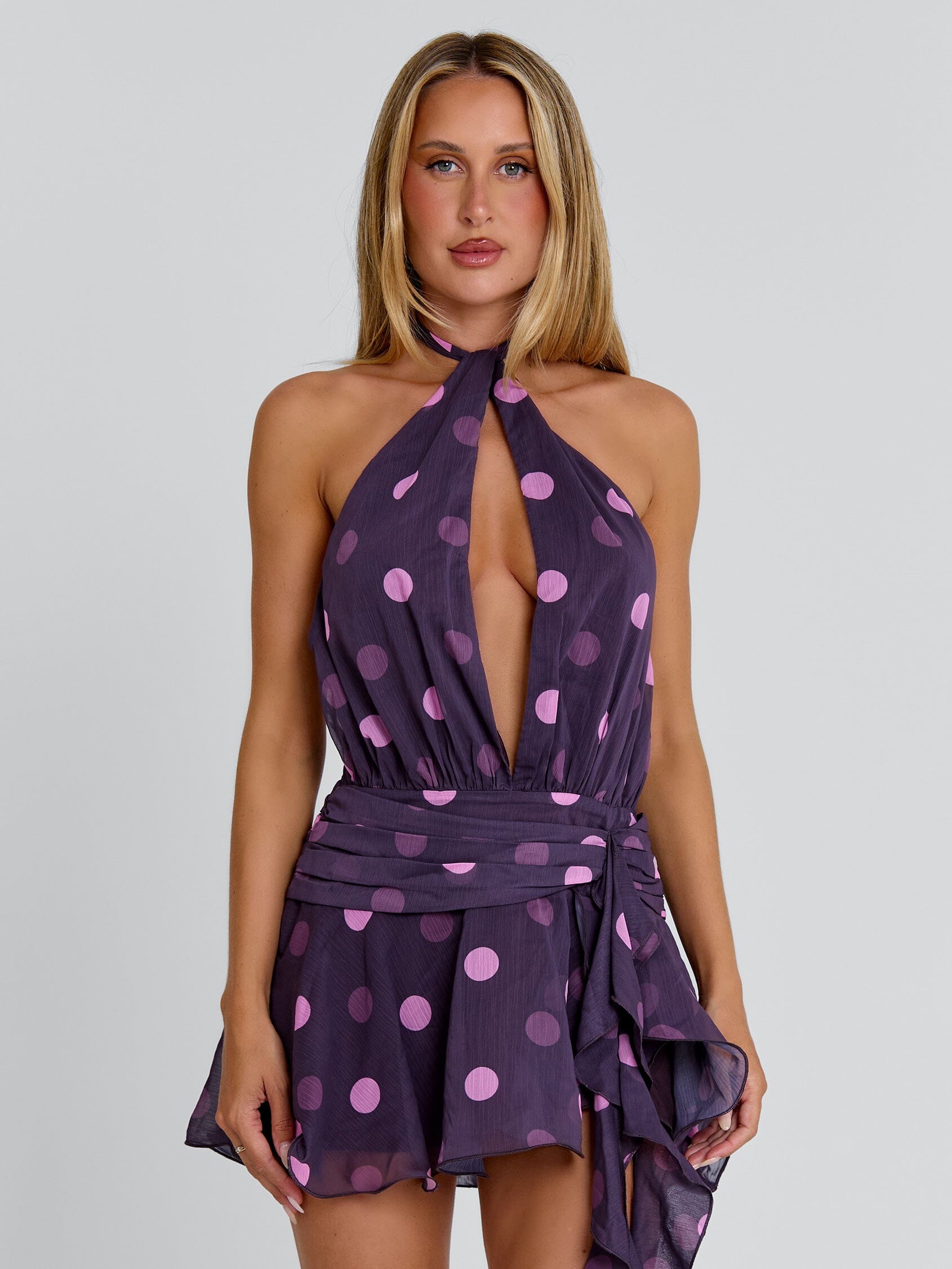 ALASIA MINI DRESS DEEP MAUVE POLKA DOT